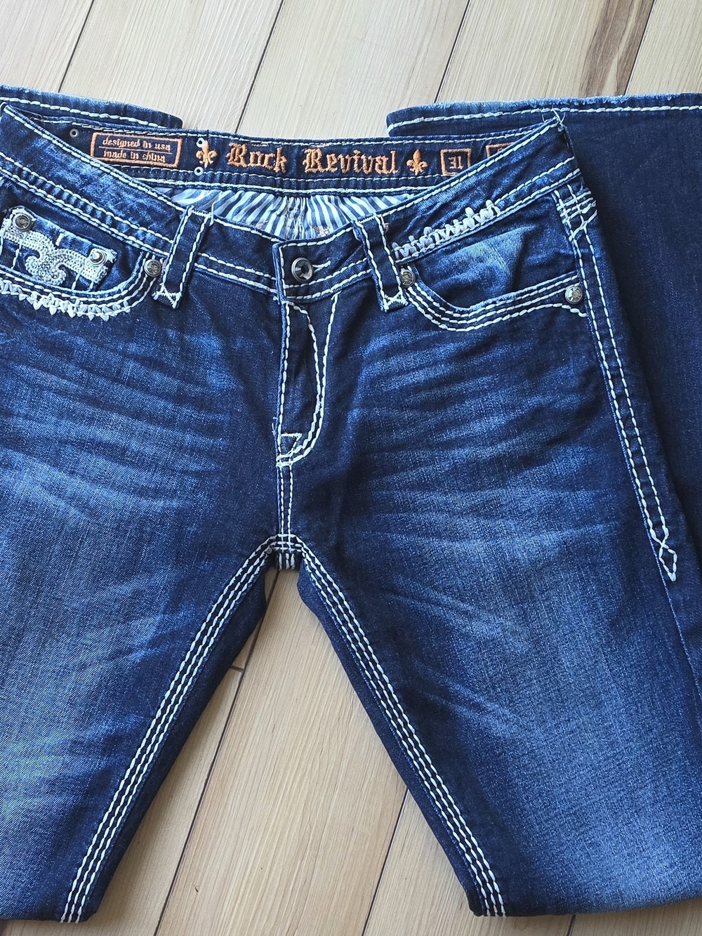 Rock Revival Women's Dark Blue Bootcut Jeans with Contrast Stitching